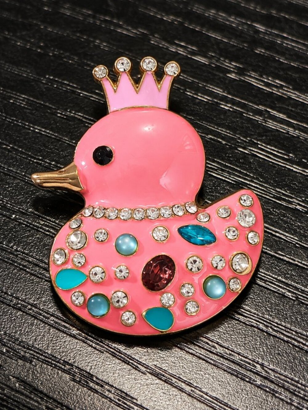 Pink Crown Duck Rhinestone Brooch – Jeweled Enamel Bird Pin Princess Statement